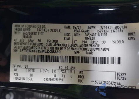 2021 Ford Ranger Xl из США, поврежденный, VIN 1FTER4FH5MLD28339